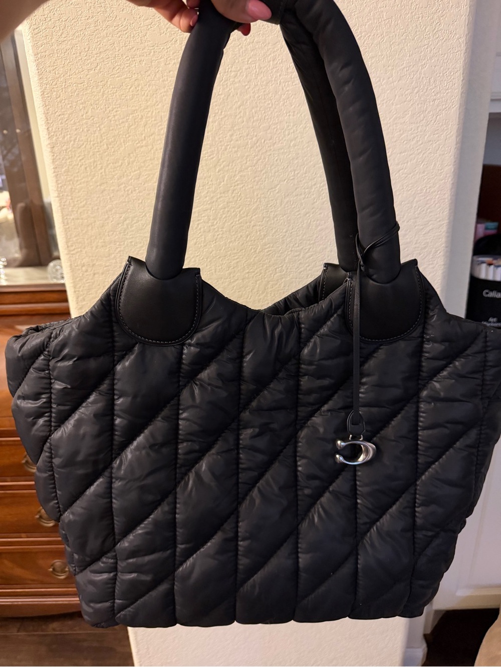 Large COACH Black Quilted Tote Bag with Silver Charm